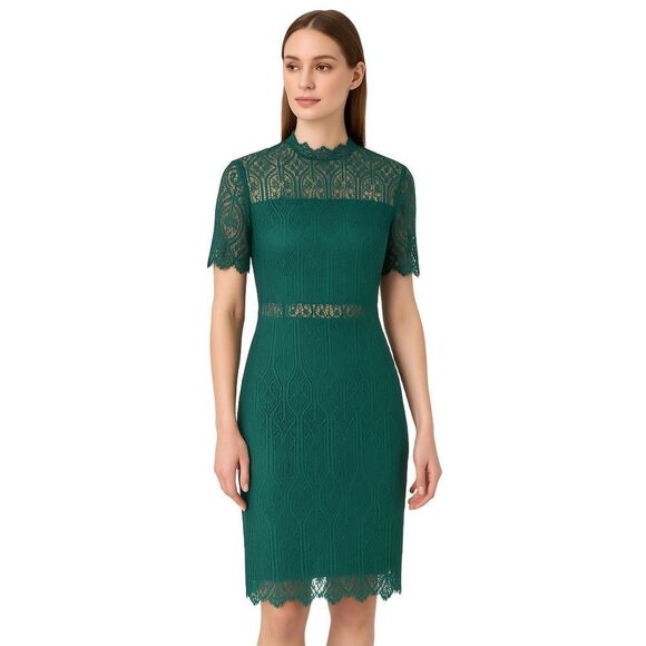 Zalalus Dresses & Skirts - Zalalus Green Sheer Lace High Neck Elegant Bodycon Midi Dress Womens 10